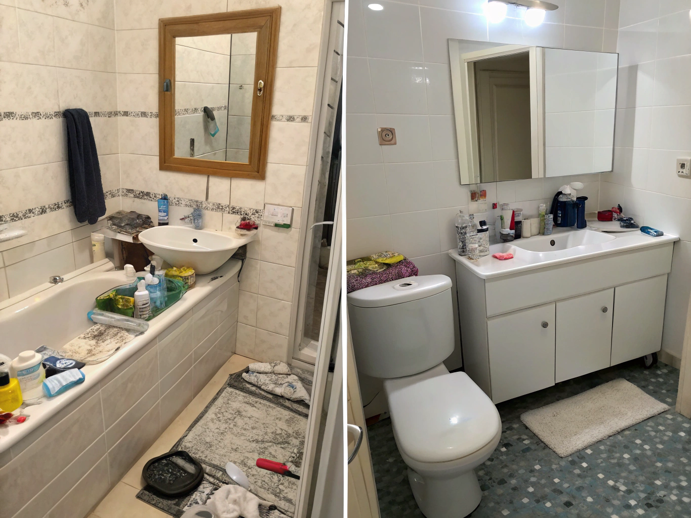 Before and after comparison of a deep-cleaned coastal bathroom